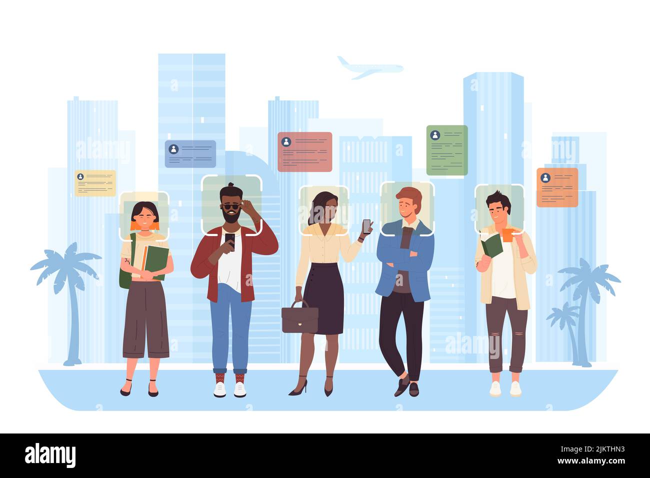 Vektordarstellung der City Face Recognition Technologie. Cartoon-Menschen gehen auf der Straße mit biometrischem Gesichtsausweisprofil unter dem Kopf, Überwachung mit Kamera und Analyse von Fußgängern durch KI-Scan-System Stock Vektor