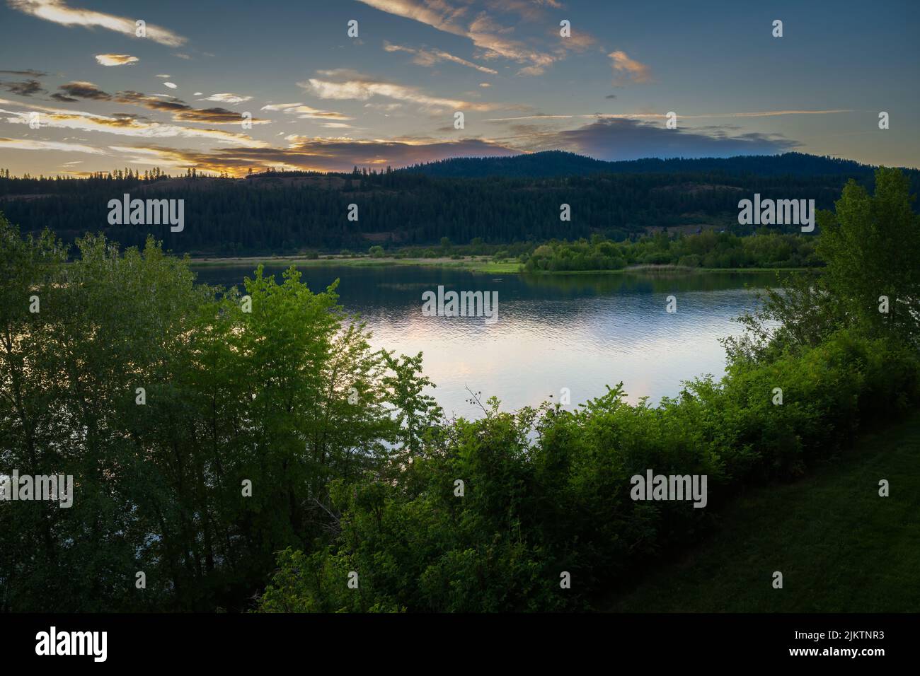 COEUR D'ALENE FLUSS IN DER NÄHE VON HARRISON IDAHO MIT EINER SCHÖNEN REFLEXION UND LEUCHTEND GRÜNEN BÄUMEN IM VORDERGRUND MIT EINER BERGKETTE UND SCHÖNEM HIMMEL IN DER DÄMMERUNG Stockfoto