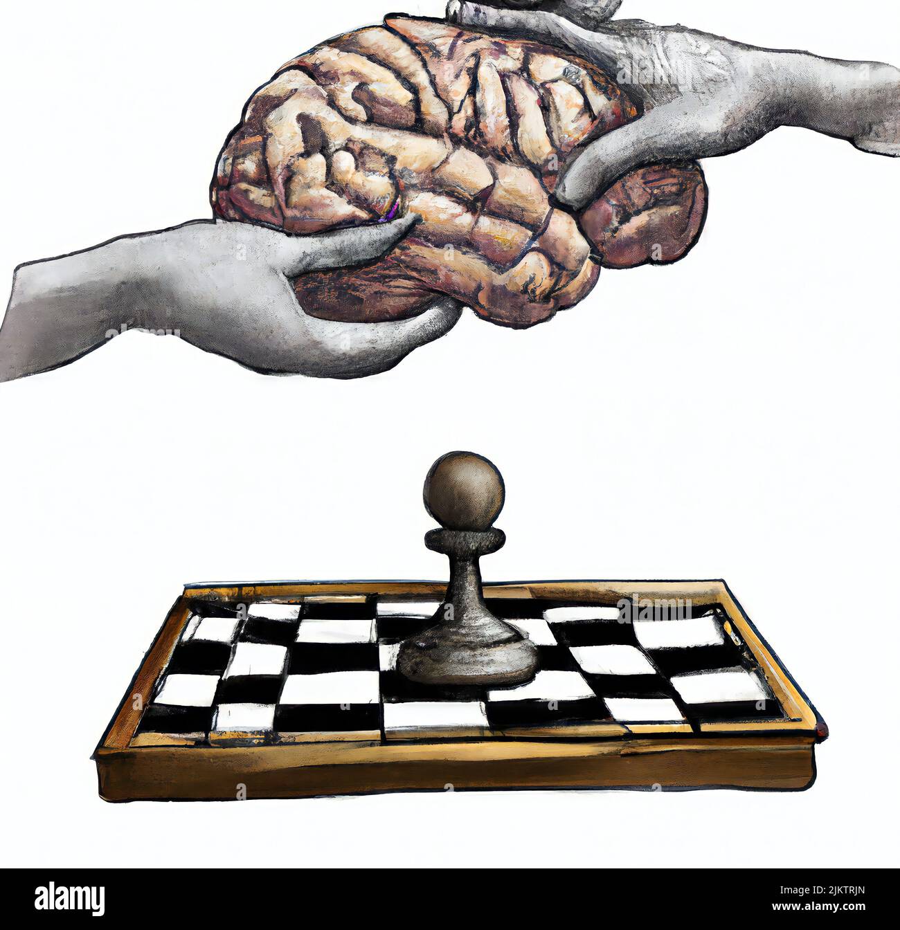 Gehirn und Maschine im Kampf auf dem Schachbrett, 3D Rendering Art Stockfoto