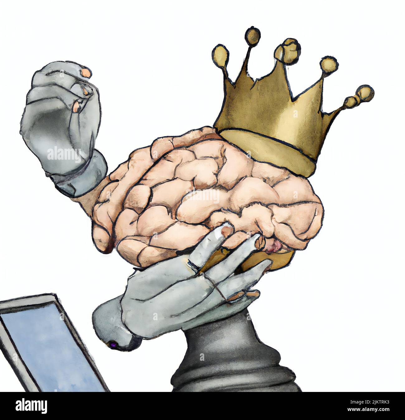 Gehirn und Maschine im Kampf auf dem Schachbrett, 3D Rendering Art Stockfoto