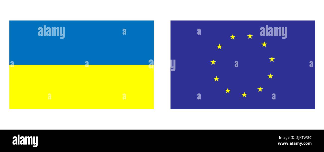 Vektorzeichnung Volumenherz in den Farben der ukrainischen Flagge und Flaggen der Ukraine und der Euro union Stock Vektor