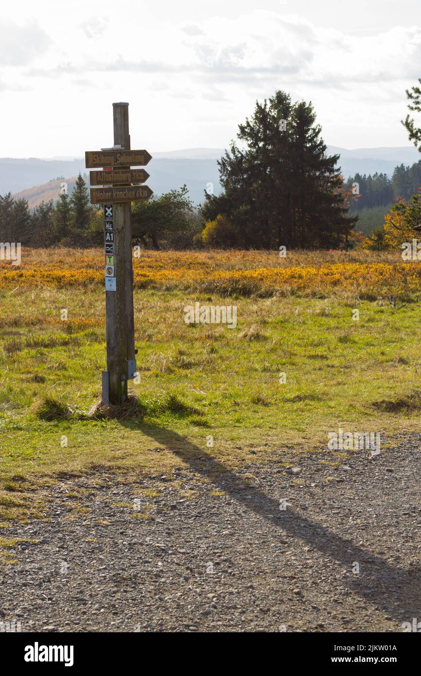Eine schöne Aufnahme von hölzernen Pfeilschildern am Straßenrand auf dem Feld an einem schönen sonnigen Tag Stockfoto