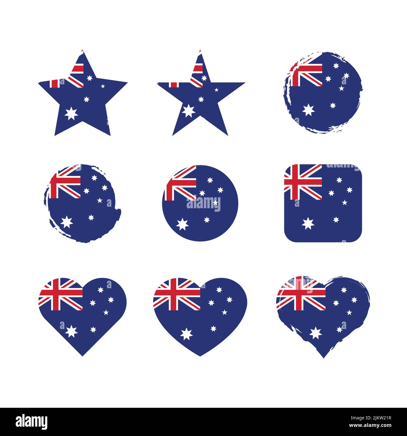Australien Vektorkreis und Herzflagge gesetzt. Australische trockene Pinsel- und Grunge-Effekt-Markierungsflaggen. Stock Vektor