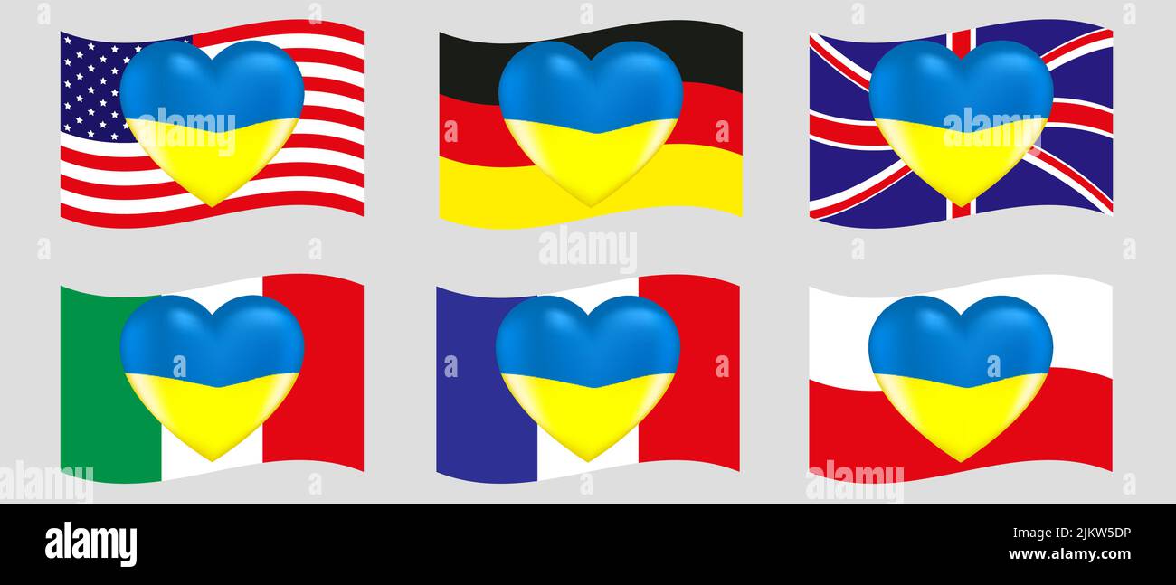 Vektorzeichnung Volumen Herz in den Farben der ukrainischen Flagge mit Hervorhebungen auf Hintergrund Flaggen Länder Europa und USA Stock Vektor