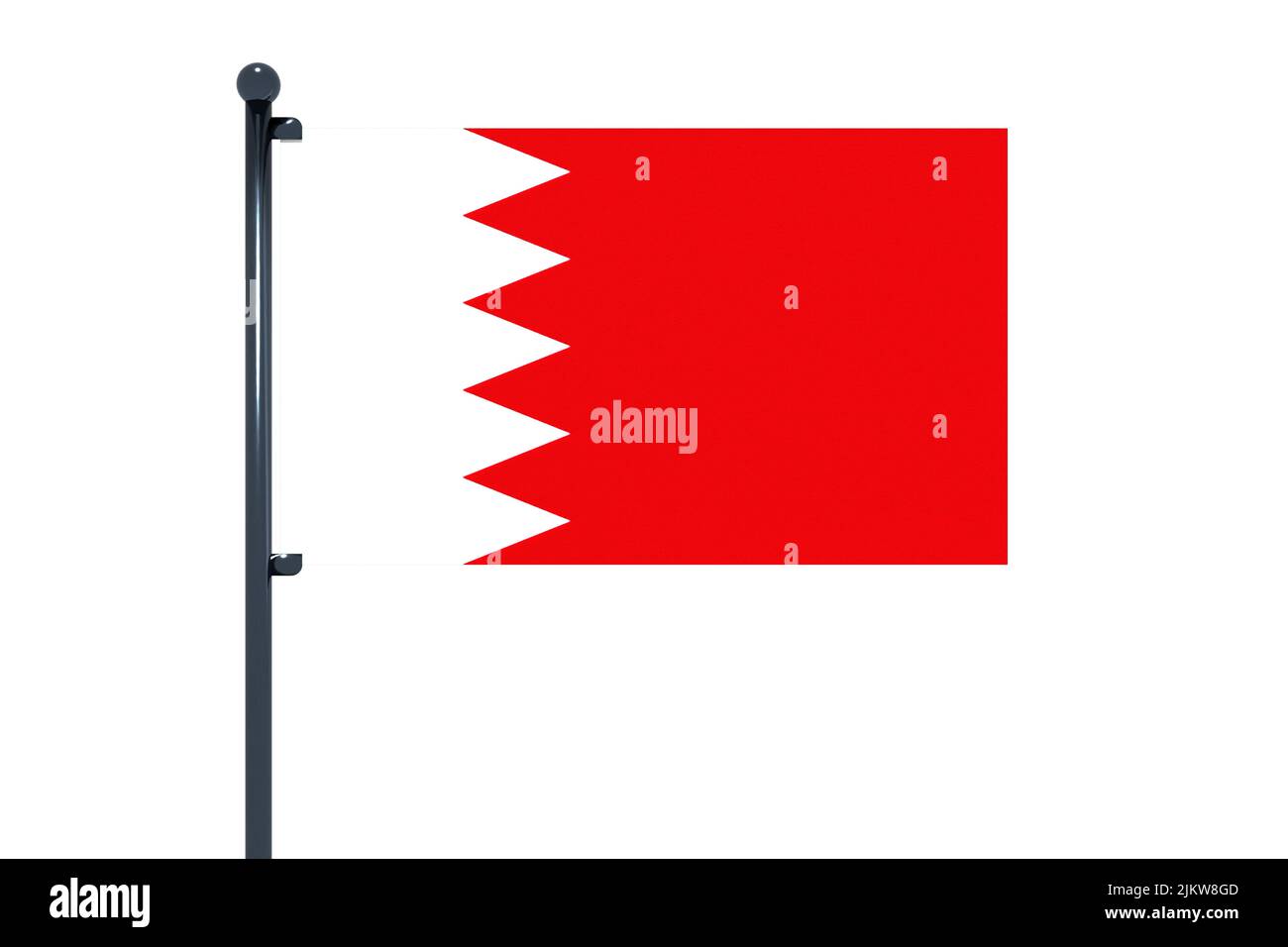 3D Abbildung der Flagge von Bahrain mit verchromtem Fahnenmast mit Karabinerhaken in blauem Himmel gerade. Weißer Hintergrund über einen Alphakanal von precisio Stockfoto
