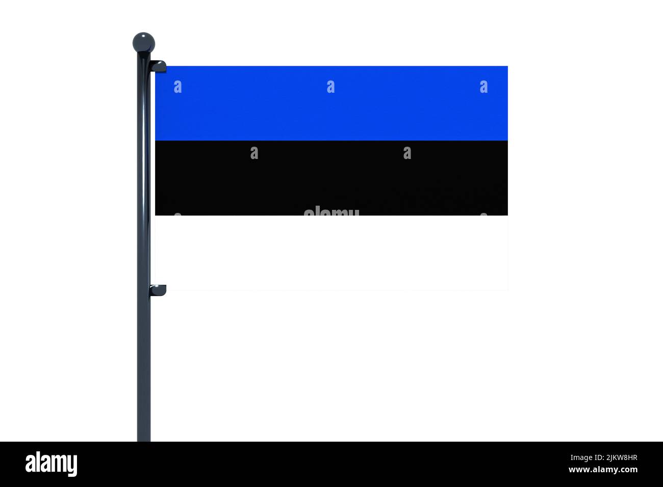 3D Abbildung der Flagge Estlands mit verchromtem Fahnenmast mit Karabinerhaken in blauem Himmel gerade. Weißer Hintergrund über einen Alphakanal von precisio Stockfoto