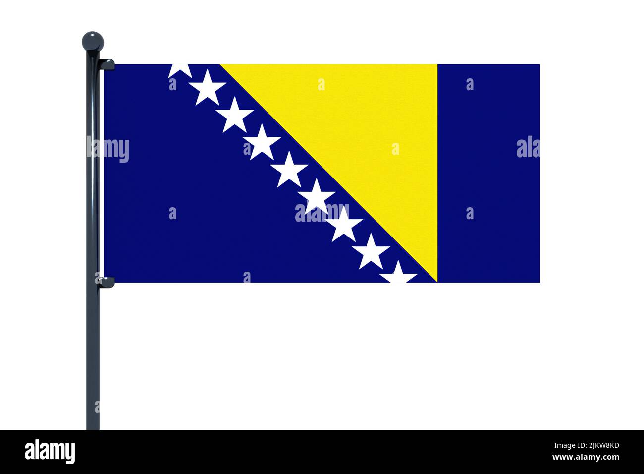 3D Abbildung der Flagge von Bosnien und Herzegowina mit verchromtem Fahnenmast mit Karabinerhaken in blauem Himmel gerade. Weißer Hintergrund über einen Alphakanal von Stockfoto