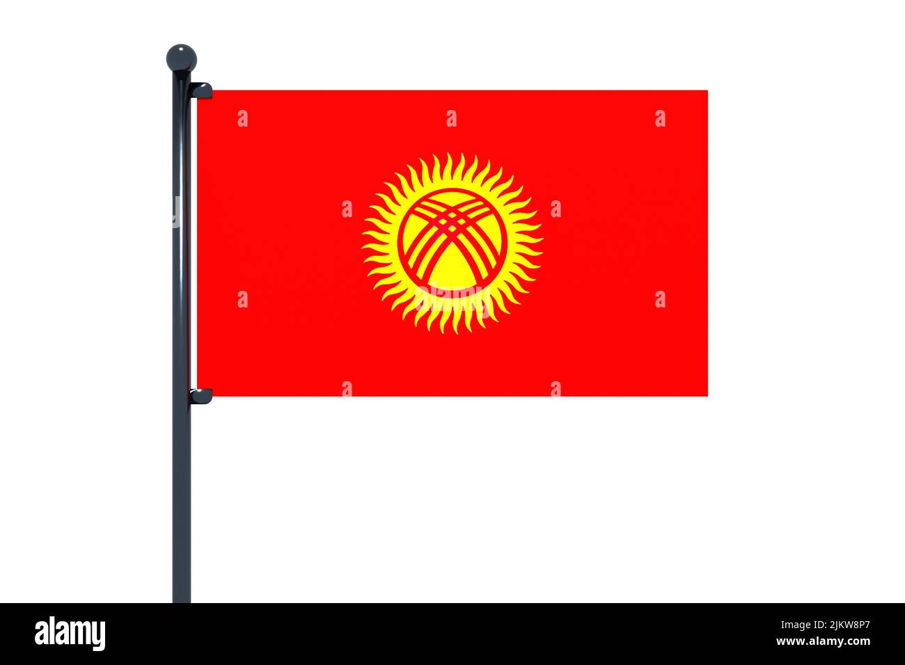 3D Abbildung der Flagge Kirgisistans mit Chrom-Fahnenmast mit Karabinerhaken in blauem Himmel gerade. Weißer Hintergrund über einen Alphakanal von großen Preci Stockfoto