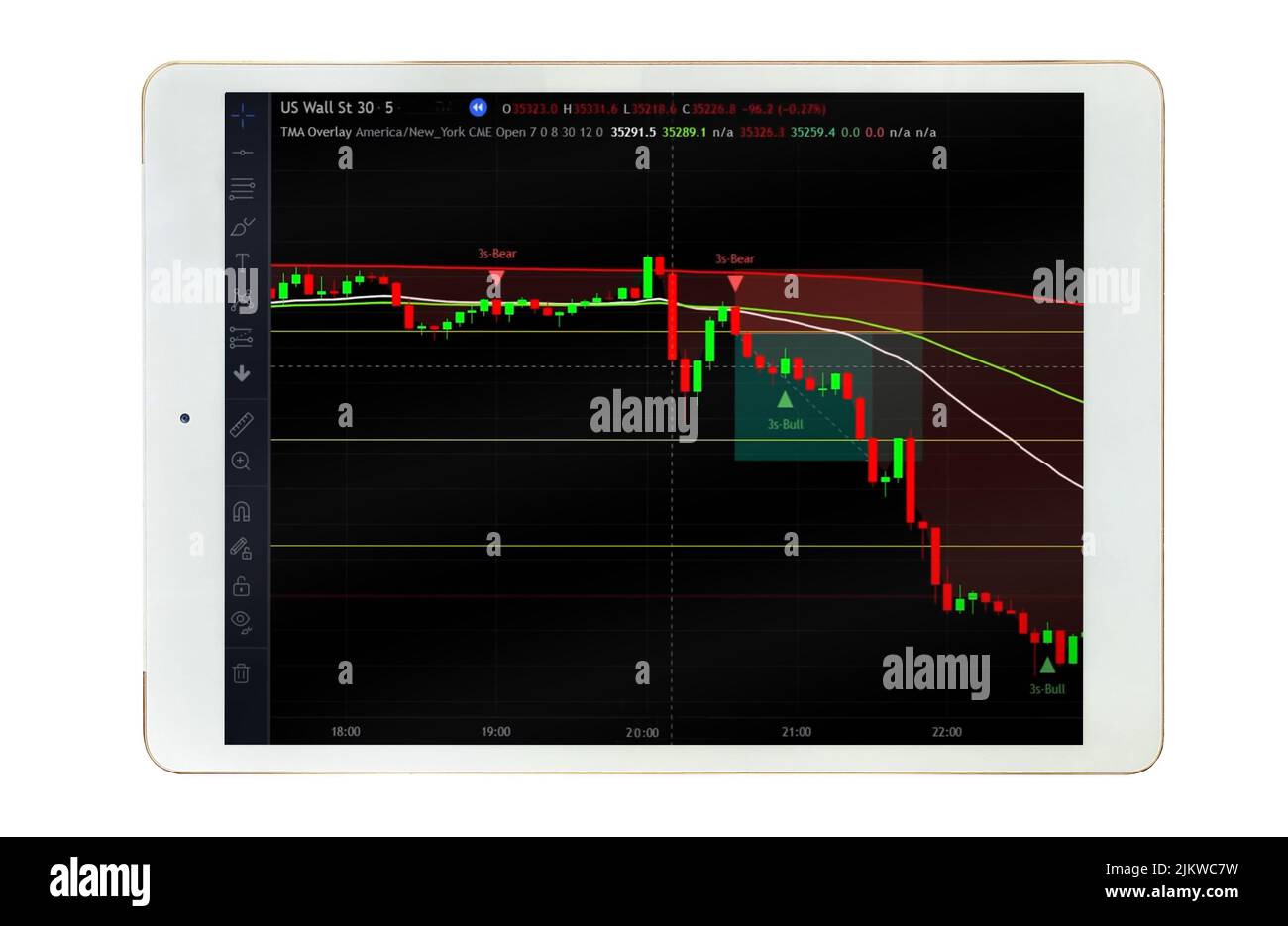 Eine Tablette mit Index, Exchange Trading Forex Finance Graph auf dem Bildschirm isoliert auf einem weißen Hintergrund Stockfoto