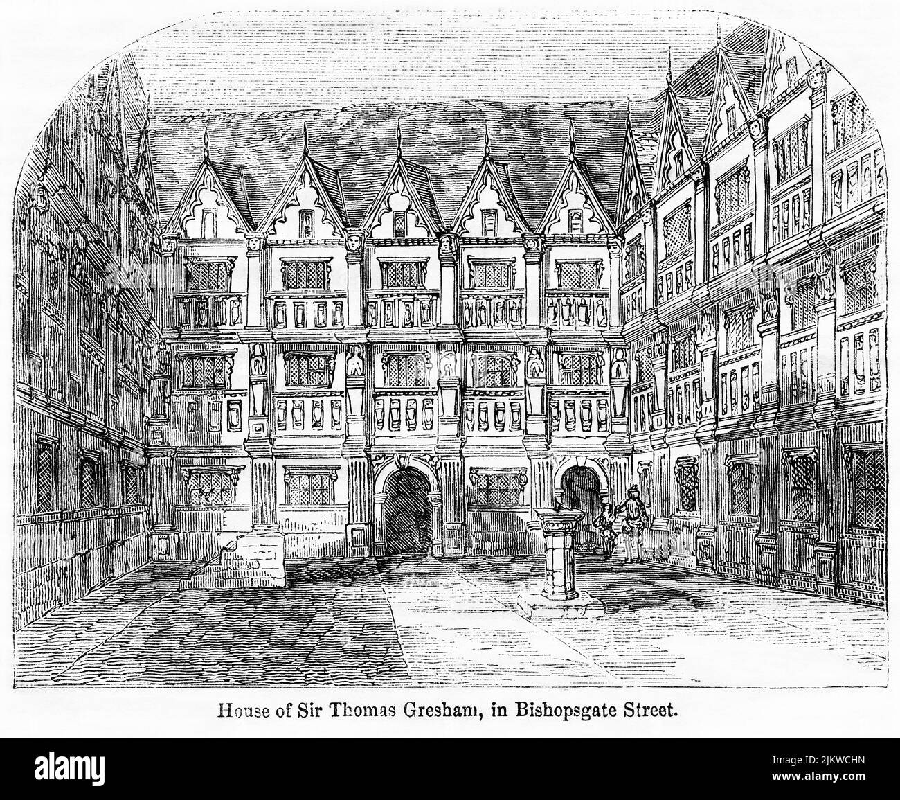 Haus von Sir Thomas Gresham, in Bishopsgate Street, Illustration aus dem Buch, „John Cassel’s Illustrated History of England, Volume II“, Text von William Howitt, Cassell, Petter und Galpin, London, 1858 Stockfoto