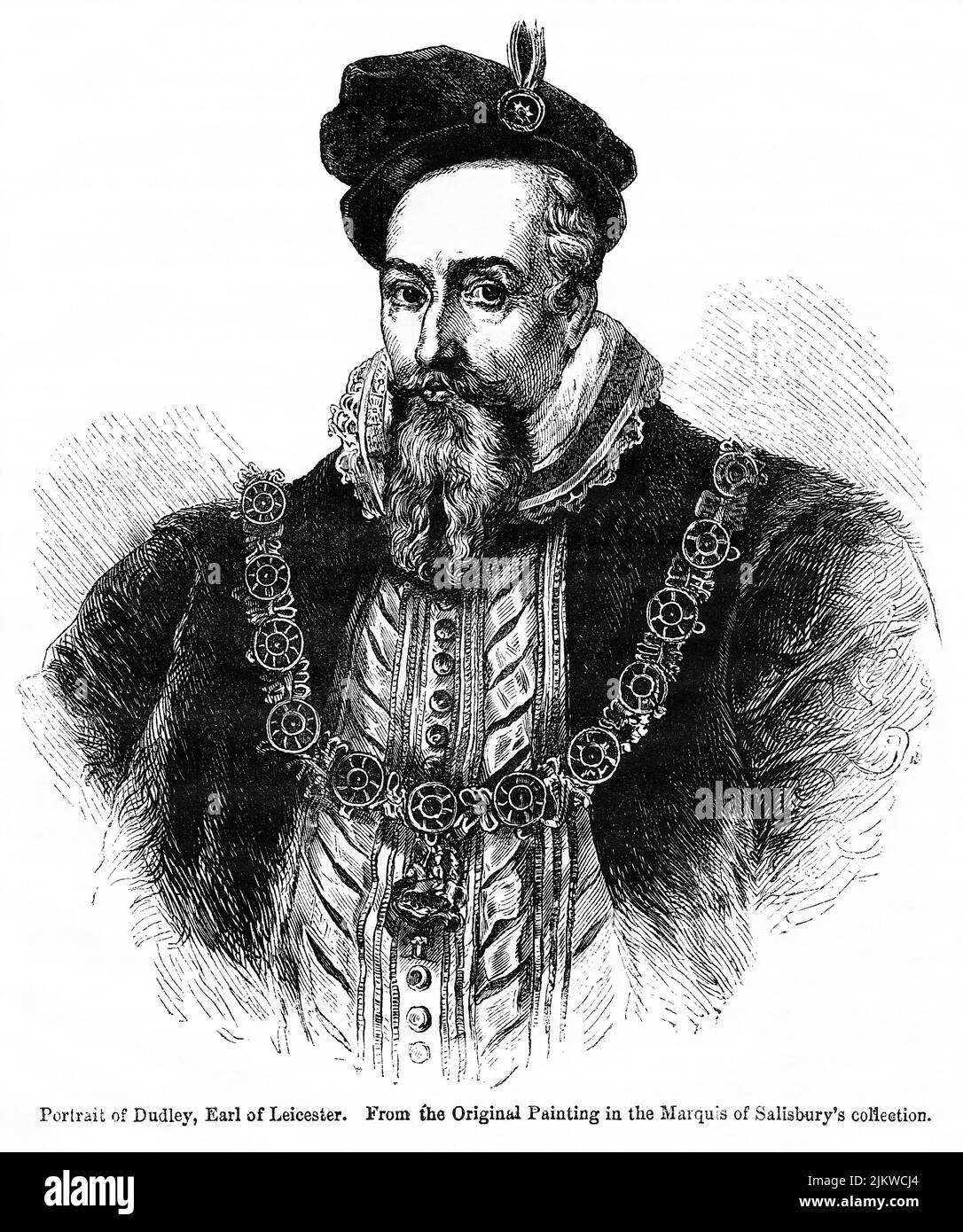 Porträt von Dudley, Earl of Leicester, Illustration aus dem Buch, „John Cassel’s Illustrated History of England, Volume II“, Text von William Howitt, Cassell, Petter und Galpin, London, 1858 Stockfoto
