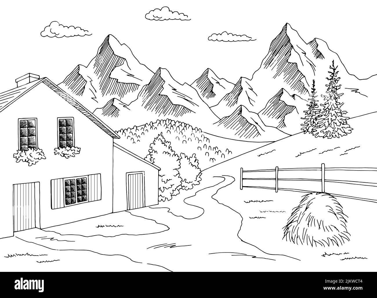 Dorf Berg Grafik schwarz weiß ländliche Landschaft Skizze Illustration Vektor Stock Vektor