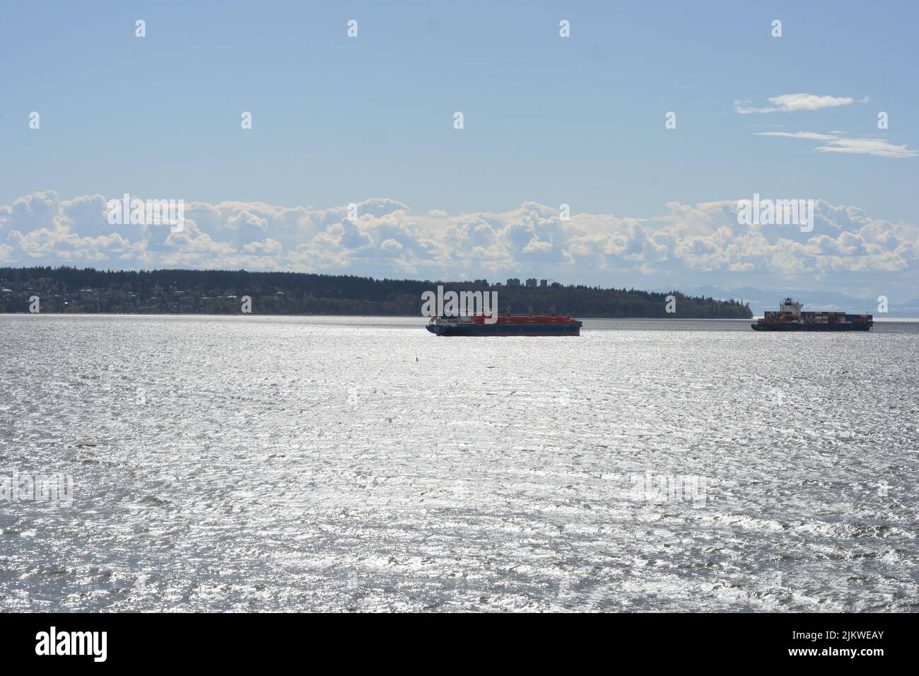 Eine horizontale Aufnahme eines weit entfernten Containerschiffes, das mitten in einem Meer schwimmt Stockfoto