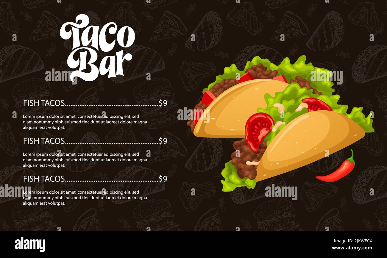 Menü Taco Typografie Mexikanisches Essen mit handgezeichneten Schriftzügen. Cartoon Fast Street Food isoliert. Vektorgrafik. Stock Vektor