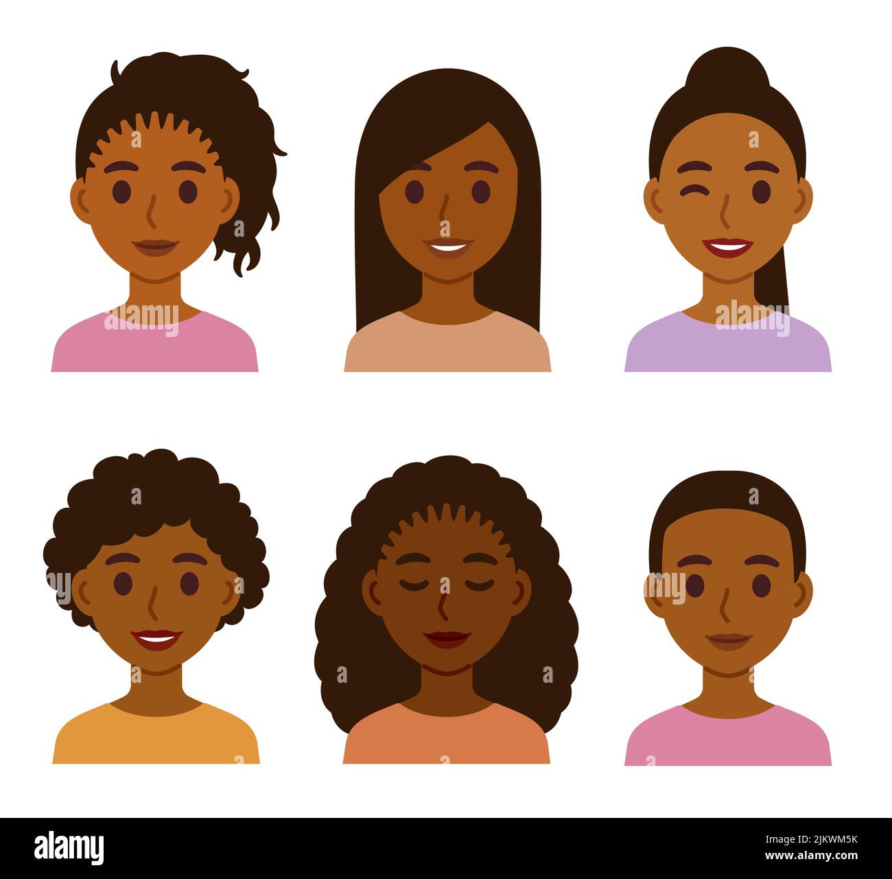 Schwarze Frauen mit verschiedenen Frisuren. Natürliches afrikanisches Haar und aufgebogene Stile. Niedliche Cartoon Vektor Clip Art Illustration Set. Stock Vektor
