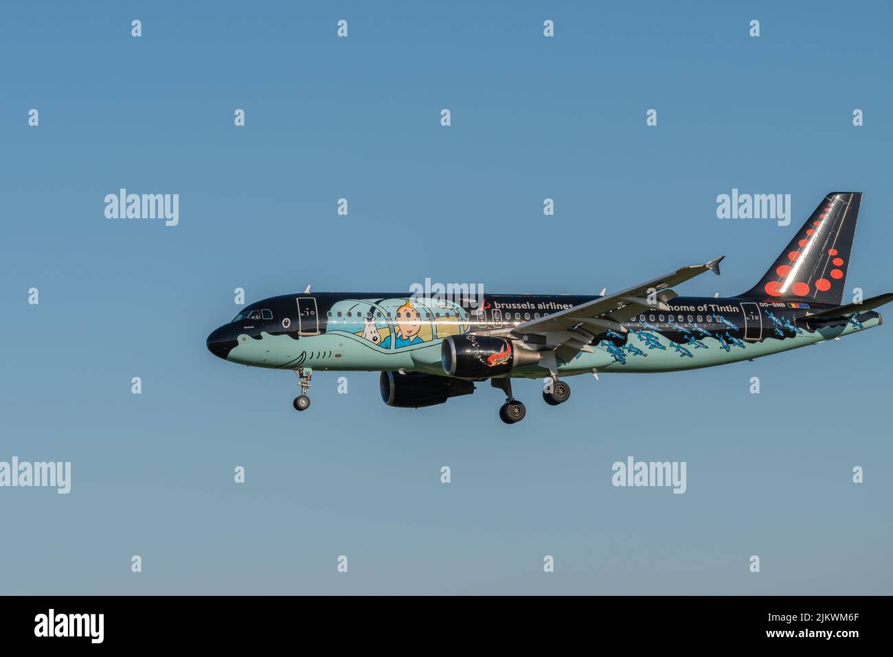 Der Airbus A320-214 von Brussels Airlines (Tintin Comics-Lackierung) nähert sich der Start- und Landebahn am Flughafen Lissabon Stockfoto