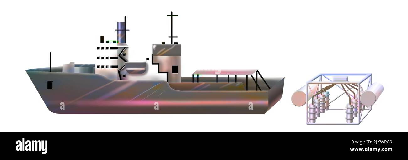 Darstellung von Hesperiden, einem Boot und einer Kanone für die Ölexploration des Meeresbodens. Stockfoto