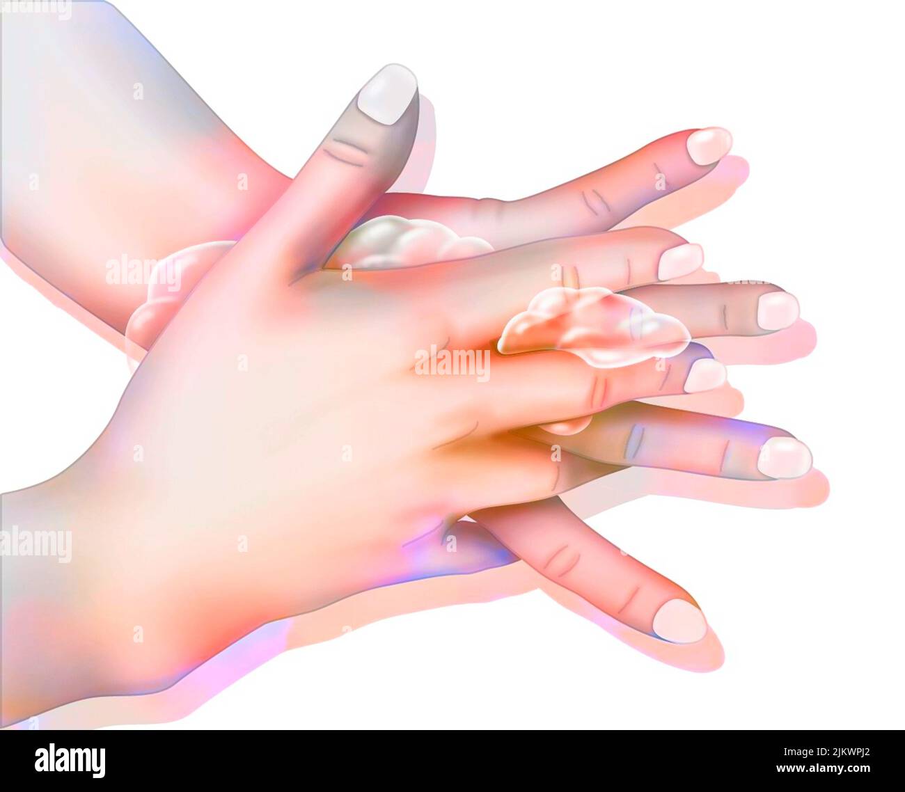 Hygiene: Händewaschen durch Reiben zwischen den Fingern. Stockfoto