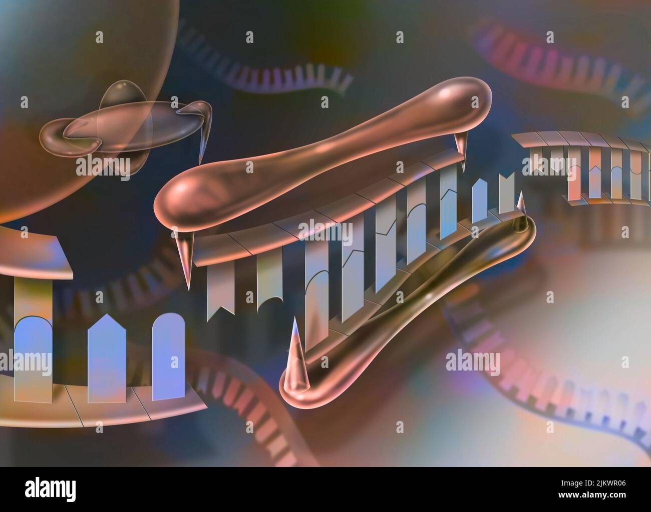 Interferierende RNA, Schritt 3: Die doppelsträngige RNA wird vom Dicer-Protein in Nukleotidfragmente geschnitten. Stockfoto