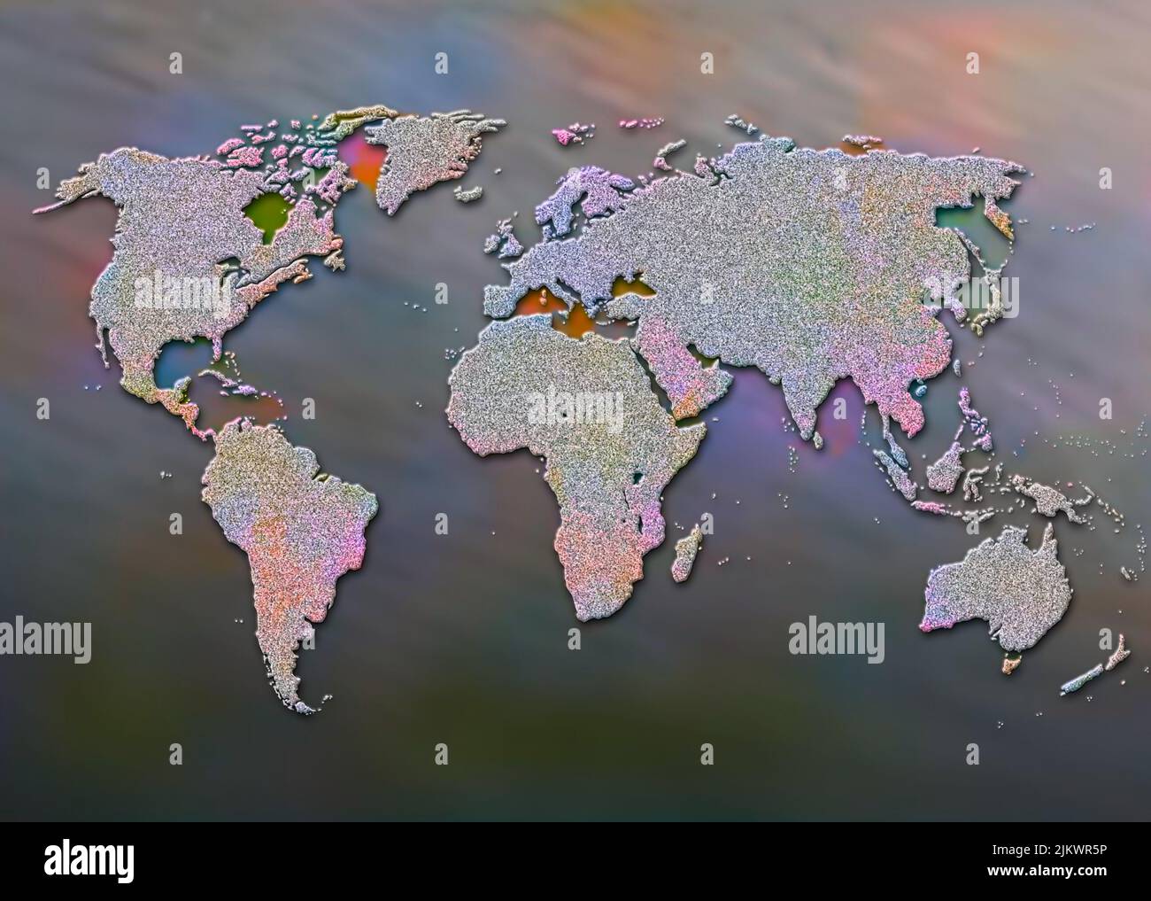 Weltkarte mit den verschiedenen Kontinenten und Ozeanen. Stockfoto