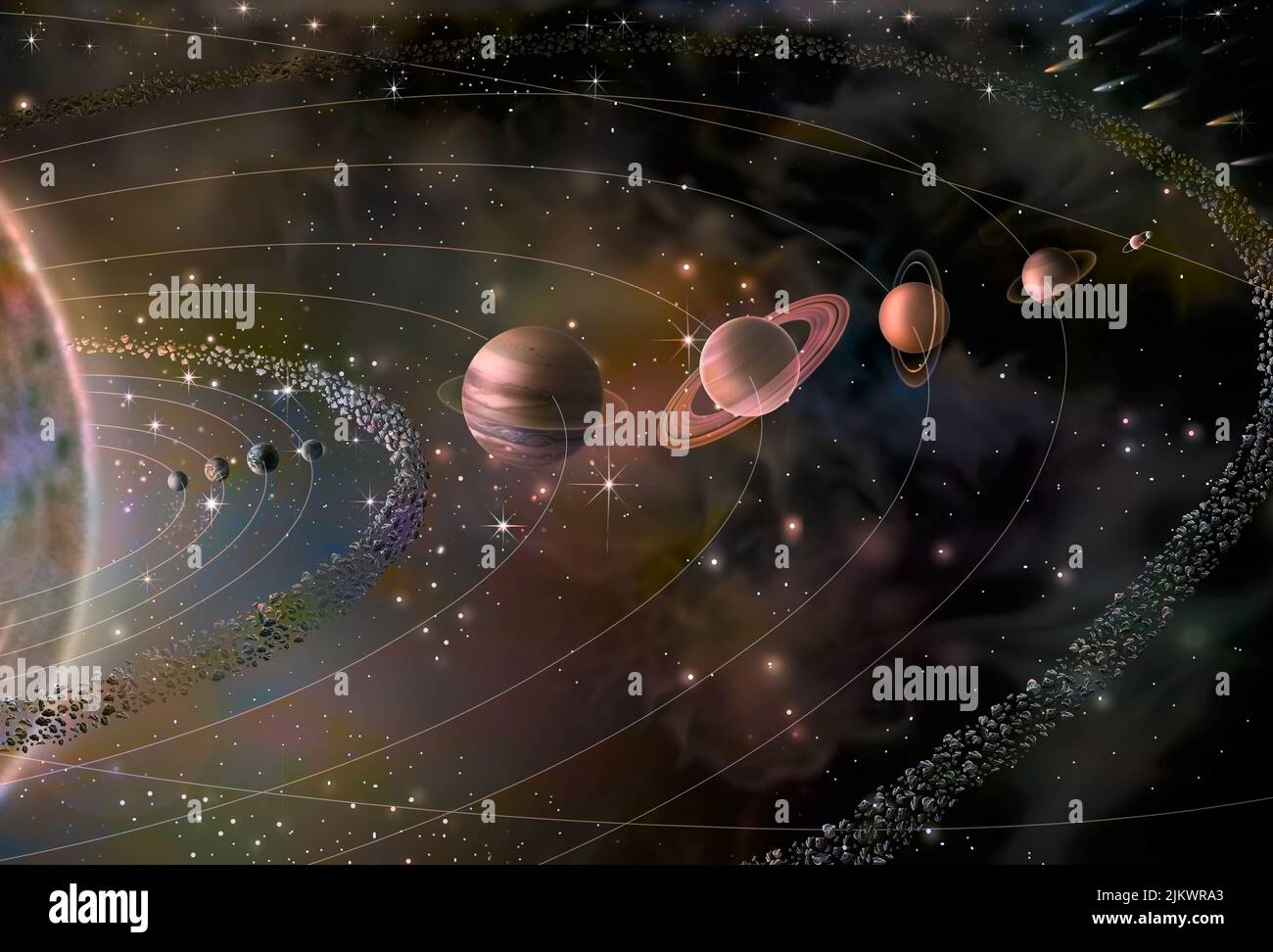 Sonnensystem mit seinen neun Planeten (Merkur, Venus, Erde, Mars, Jupiter, Saturn, Uranus, Neptun, Pluto) und der Sonne. Stockfoto