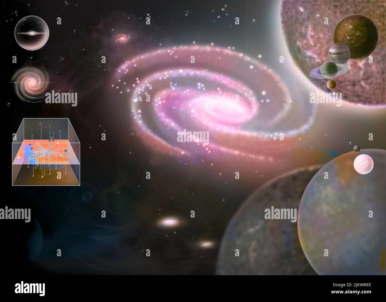 Milchstraße in der Mitte und Skala verschiedener Sterne (Rote Zwerge, Sonne) Auf der rechten Seite. Stockfoto