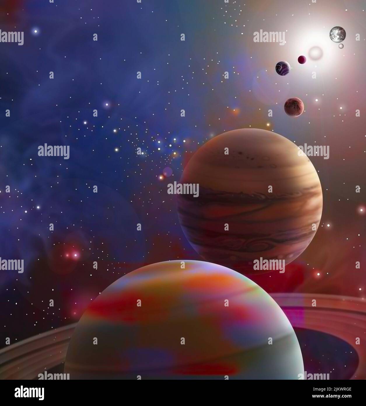 Ausrichtung der von Astrologen für den 5. Mai 2000 geplanten Planeten. Stockfoto