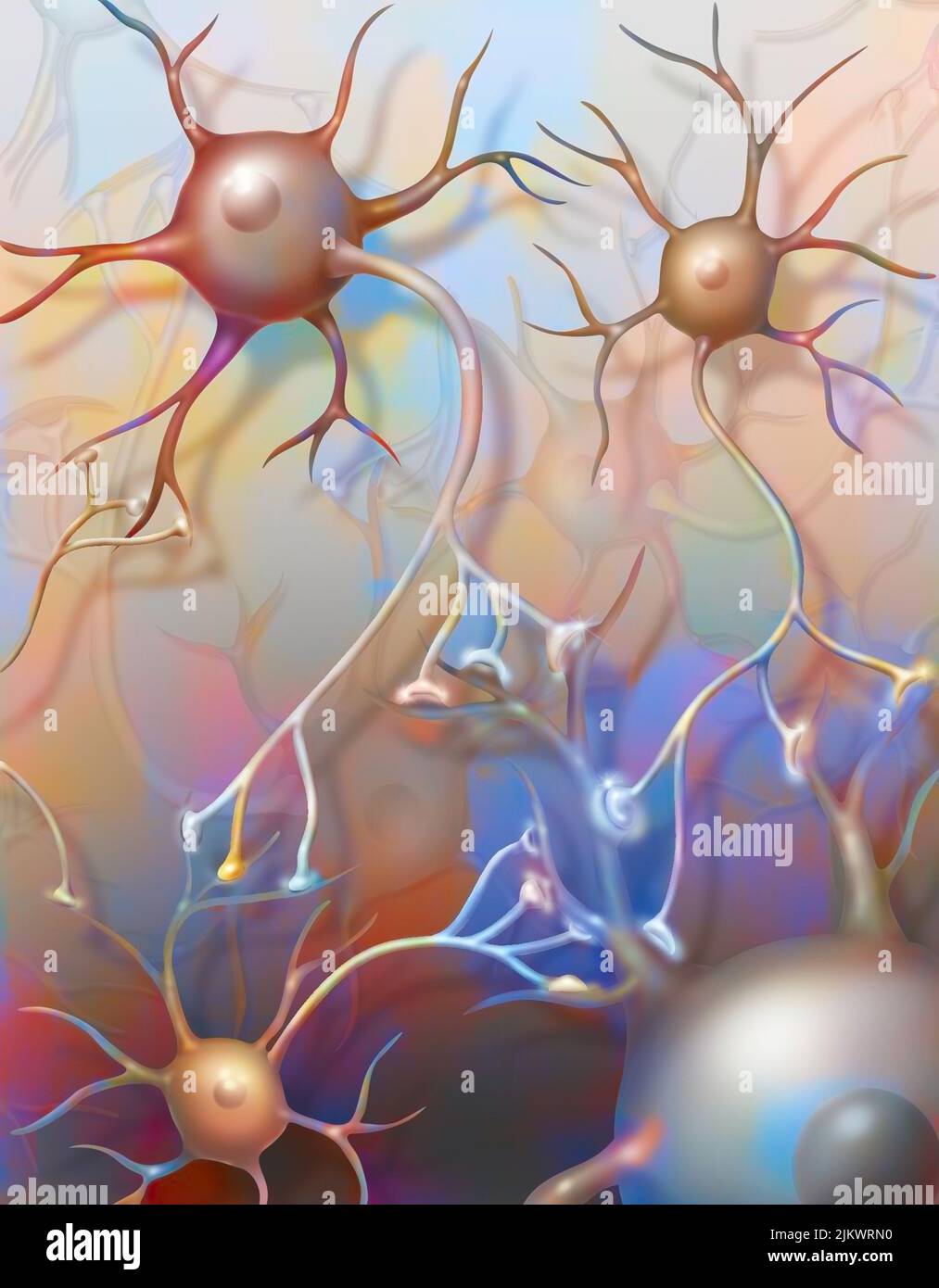 Verbundene Neuronen, die die Übertragung von Nervenimpulsen zeigen. Stockfoto
