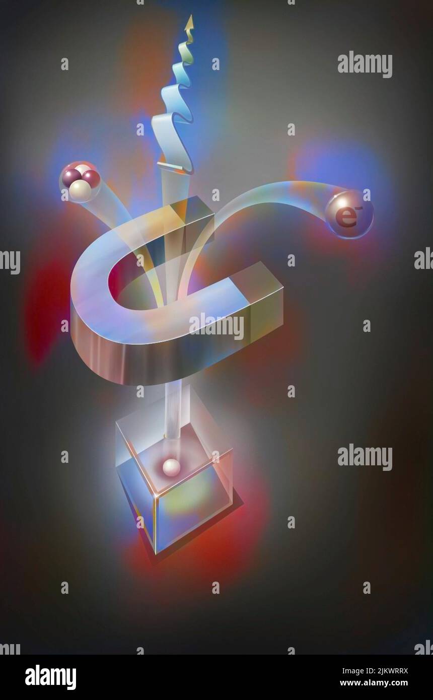 Quark-Trennung: Experiment, das einen zerfallenden Kern darstellt. Stockfoto