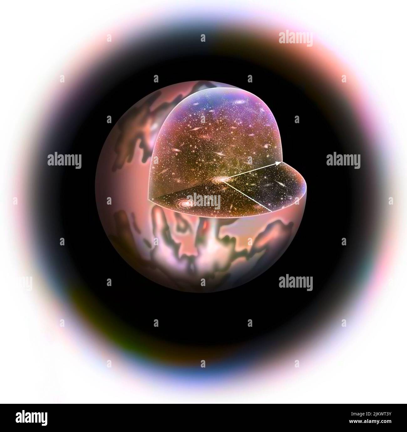 Das beobachtbare Universum, umgeben von einer von kosmologischer Strahlung umgebenen Kugel. Stockfoto
