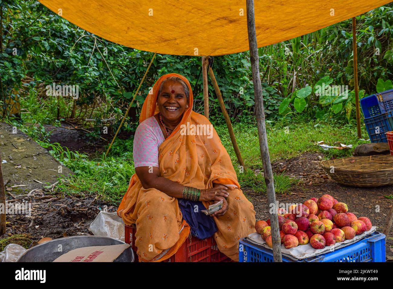 Kolhapur, Indien, 15. 2019. September; Stockfoto der 50 bis 60-jährigen indischen Frauen in gelber Saree-Farbe, die frischen roten Apfel auf dem Bauernhof im V verkaufen Stockfoto