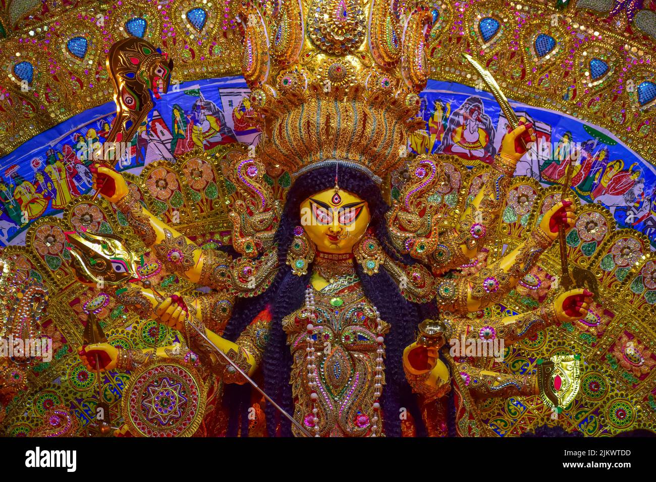 Die Statue der Göttin Durga während des Durga Puja Festivals in Indien Stockfoto