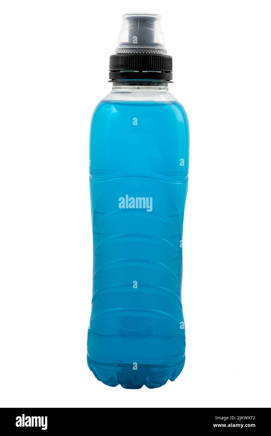 Plastikflasche Sportgetränk mit Fitness-Kappe isoliert auf weiß mit Clipping-Pfad Ausschnitt Konzept für Sport-Hydratation, flüssige Erfrischung hoch in vi Stockfoto