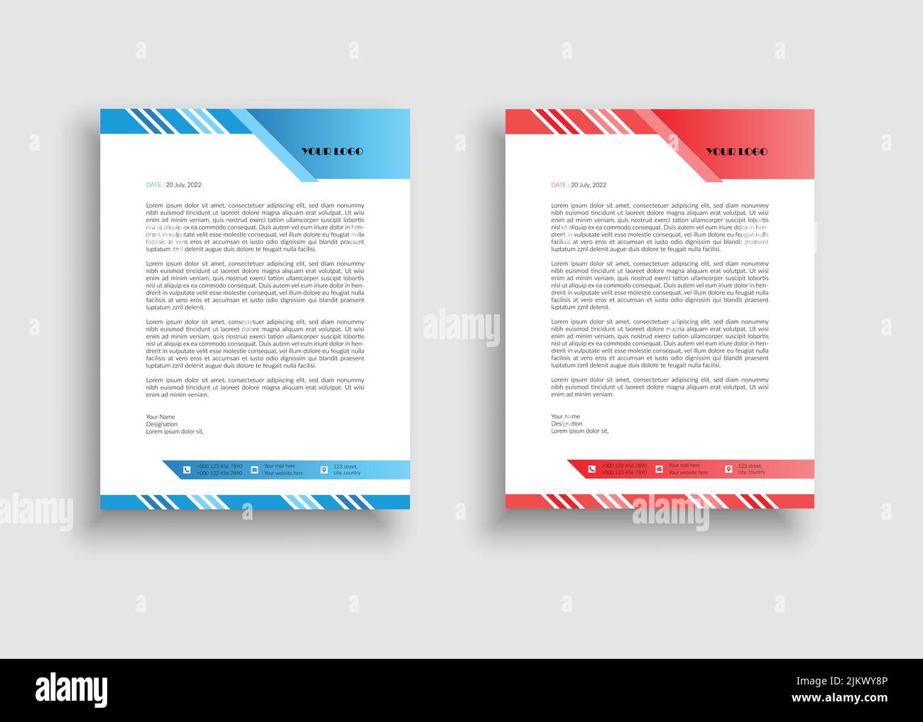 Einfaches und kreatives Quadrat Hintergrund Briefkopf Vorlage Design - rötlicher Gradienten Hintergrund Briefkopf Design - bläuliche Gradienten Briefkopf Design Stock Vektor