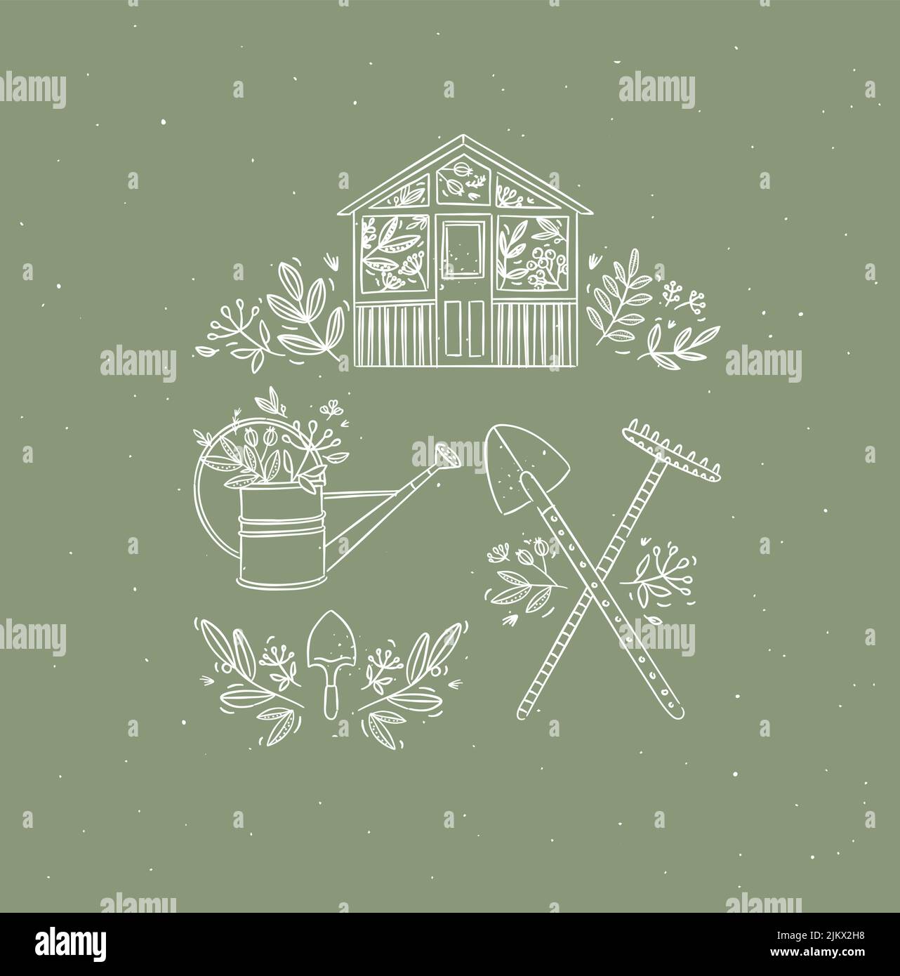 Dorf Sammlung von Ikonen Haus, Gartengeräte, Schaufel, Rechen, Gießkanne Zeichnung in Grafikstil auf grünem Hintergrund Stock Vektor