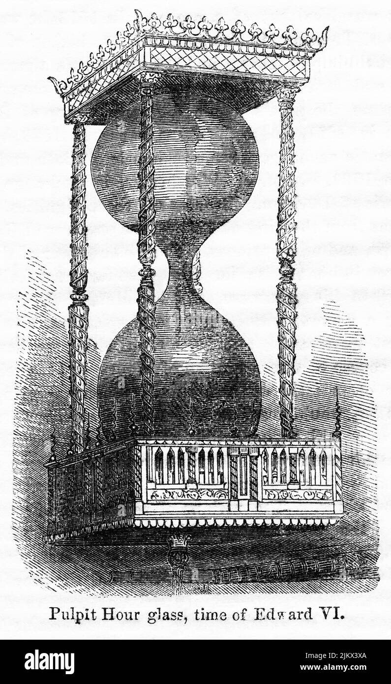 Pulpit Hour Glass, Time of Edward VI, Illustration aus dem Buch, „John Cassel’s Illustrated History of England, Volume II“, Text von William Howitt, Cassell, Petter und Galpin, London, 1858 Stockfoto