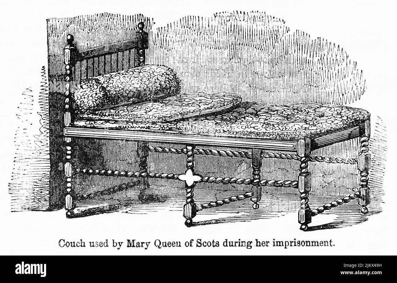 Couch, die von Mary Queen of Scots während ihrer Haft verwendet wurde, Illustration aus dem Buch, „John Cassel’s Illustrated History of England, Volume II“, Text von William Howitt, Cassell, Petter und Galpin, London, 1858 Stockfoto