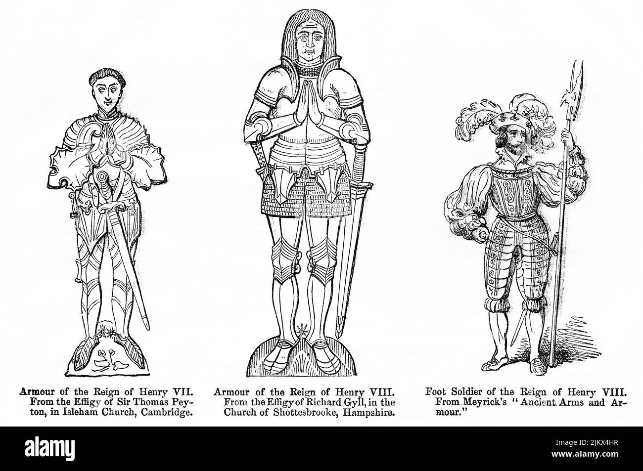 Rüstung der Regierungszeit von Heinrich VII., aus dem Bildnis von Sir Thomas Peyton, in der Isleham Church, Cambridge; Rüstung der Regierungszeit von Heinrich VIII., aus dem Bildnis von Richard Gyll, in der Church of Shottsbrooke, Hampshire; Fußsoldat in der Regierungszeit von Heinrich VIII., aus Meyricks „Ancient Arms and Armor“, Illustration aus dem Buch „John Cassel’s Illustrated History of England, Volume II“, Text von William Howitt, Cassell, Petter und Galpin, London, 1858 Stockfoto