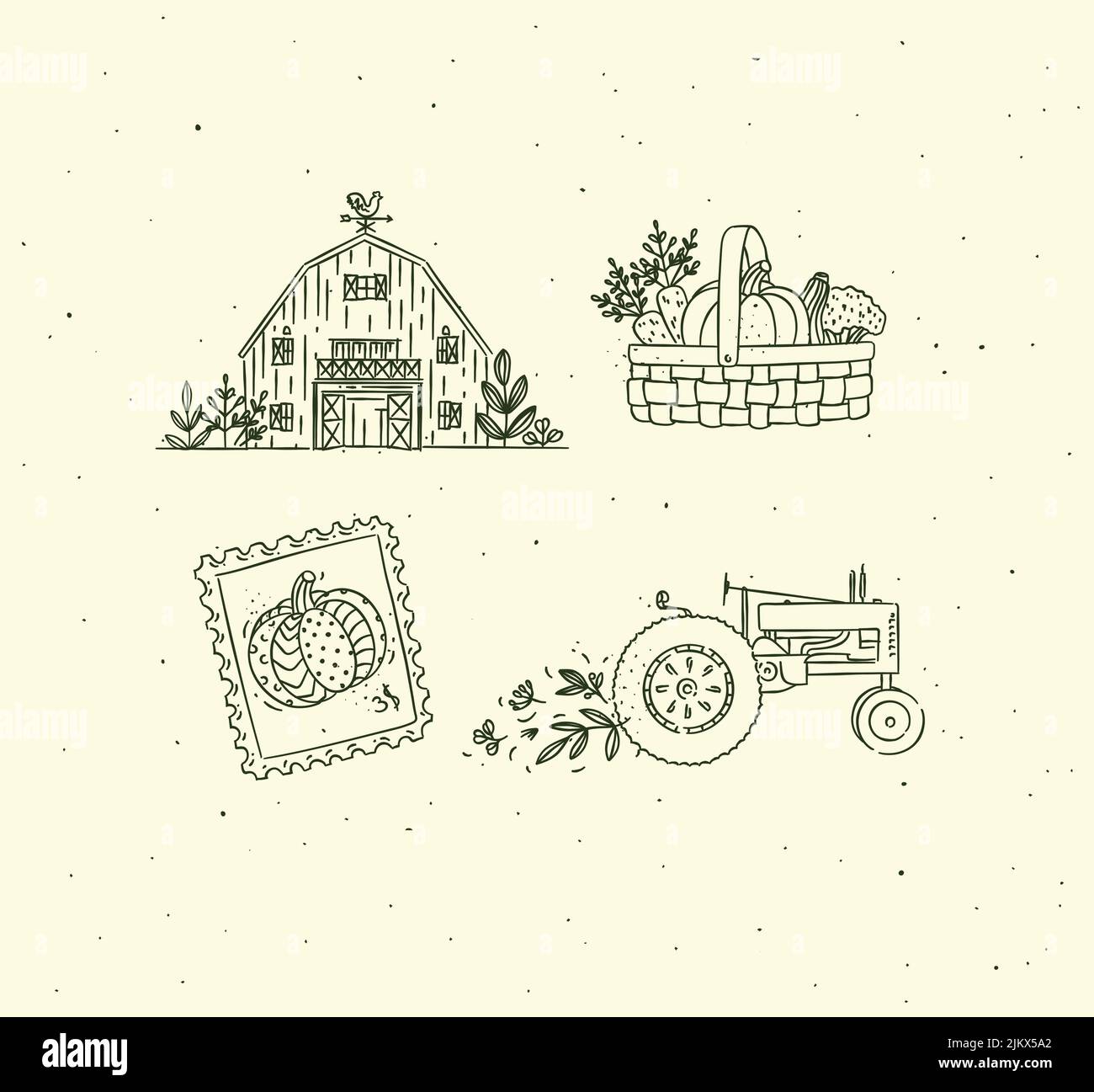 Dorf Sammlung von Ikonen Scheune, Gemüskorb, Stempel, Traktor Zeichnung in Grafik-Stil auf beigem Hintergrund Stock Vektor