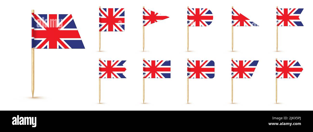 United Kindom Zahnstocherflagge isoliert auf Holzstab mit weißem Papier. Großbritannien realistische kleine Zahnstocher für das Mittagessen. Vektor-Cocktail-Dekoration. Stock Vektor