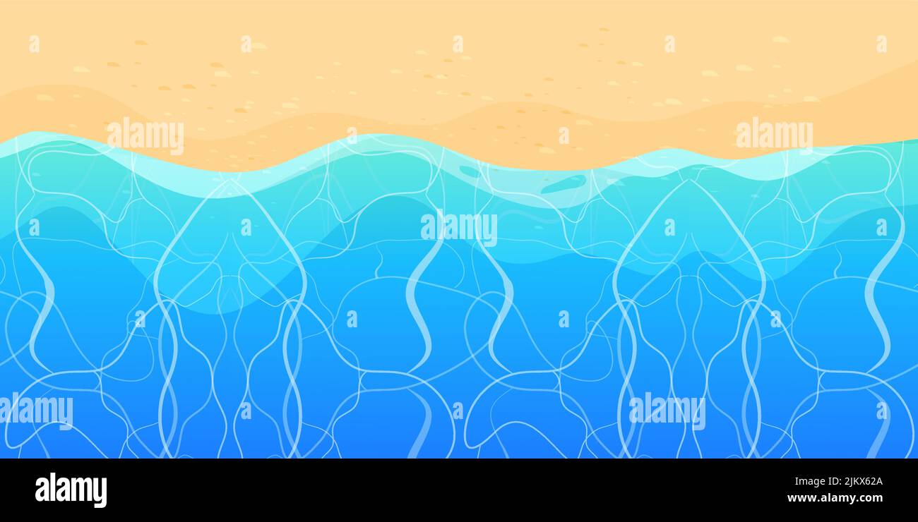 Sommerstrand mit Sand und Wellen Draufsicht im Cartoon-Stil, Hintergrund. Tropische Küstenlinie, Landschaft, Landschaft. Vektorgrafik Stock Vektor