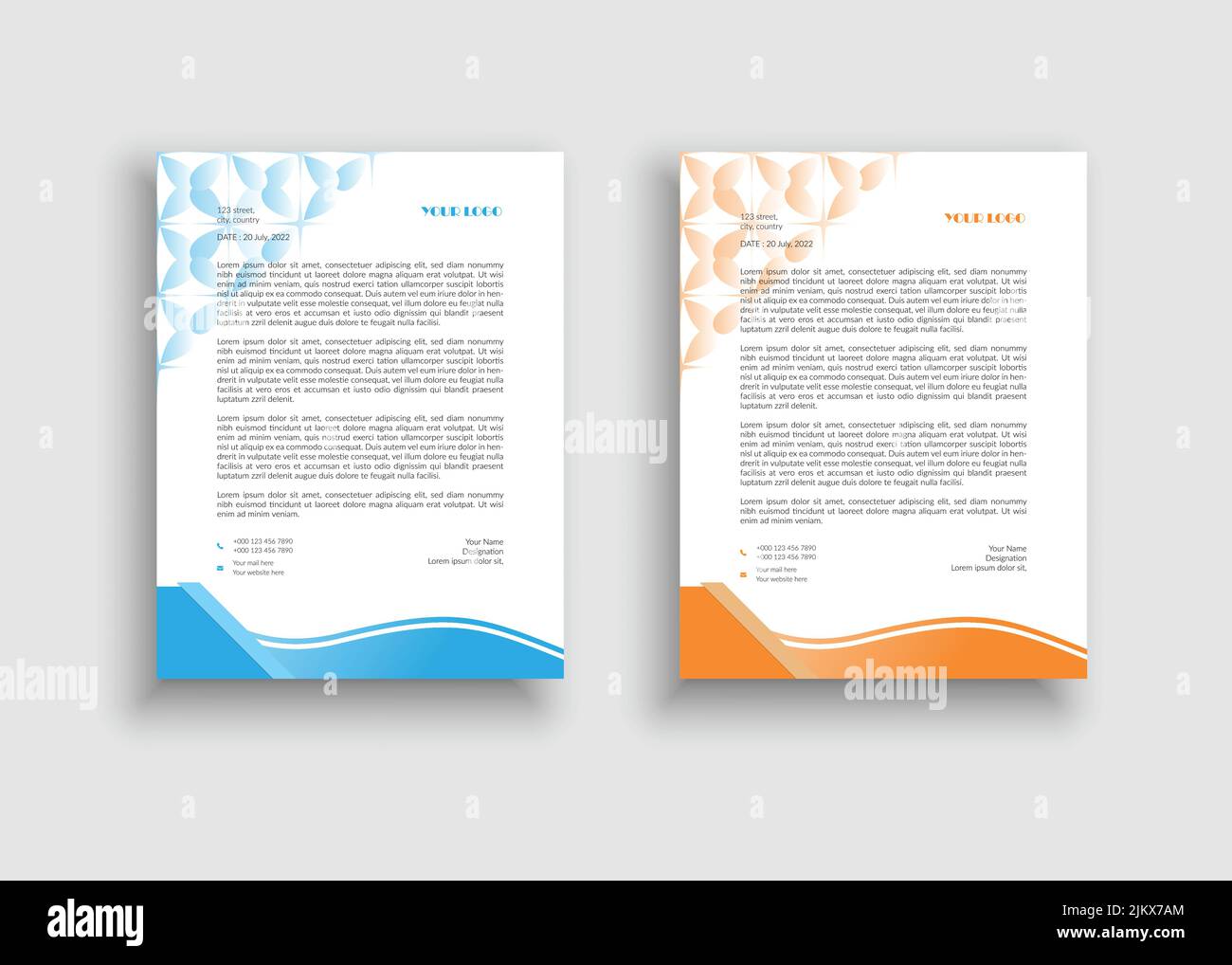 Modernes Briefkopfdesign - organisch schwebender blauer Hintergrund Briefkopfvorlage Design - organisch schwebender orangefarbener Hintergrund Briefkopfvorlage Design Stock Vektor