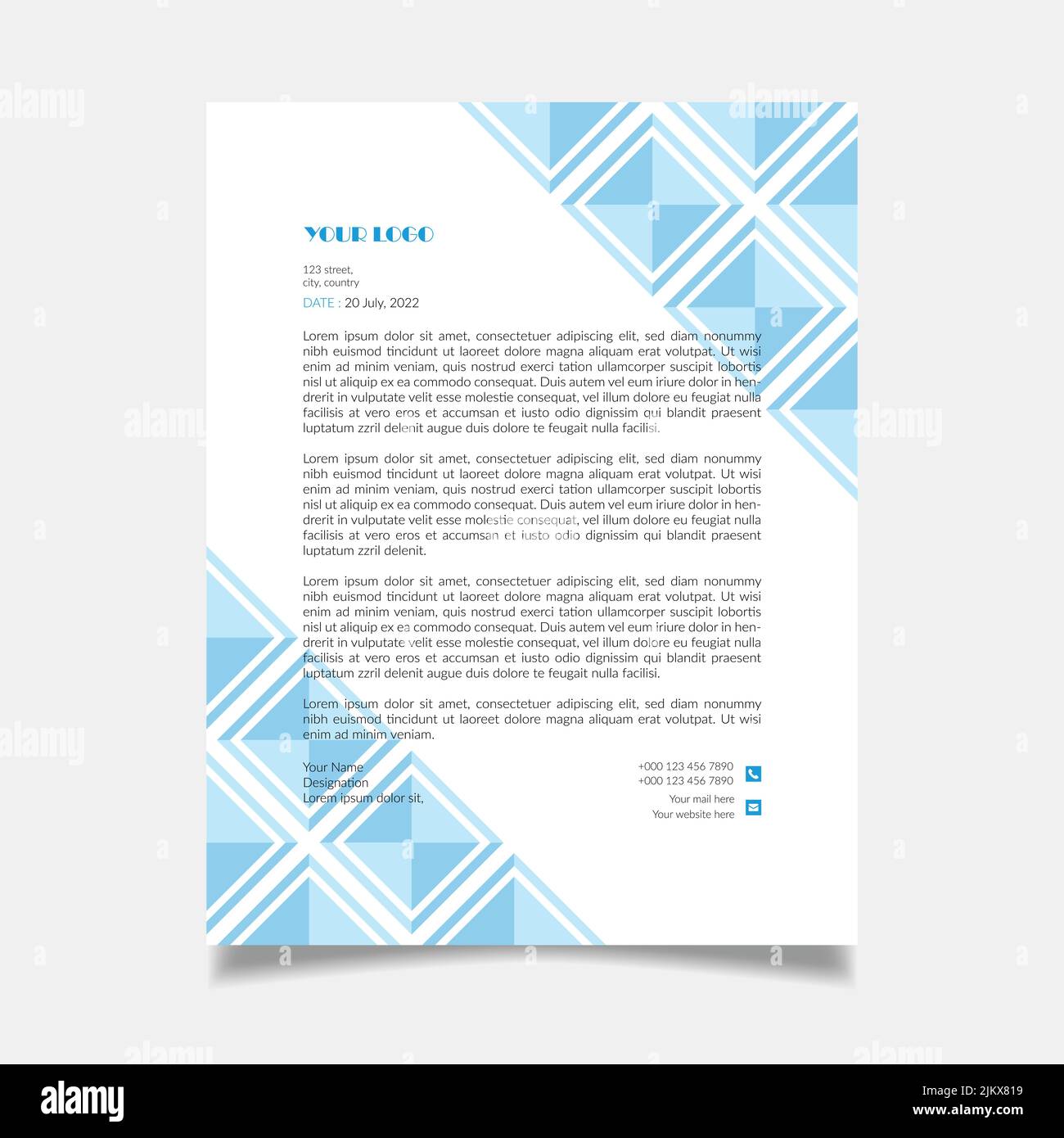 Minimal und einfach Corporate Briefkopf Vorlage Design - Blau und Hellblau Quadrat-förmige Pyramide Hintergrund Briefkopf Vorlage Design Stock Vektor