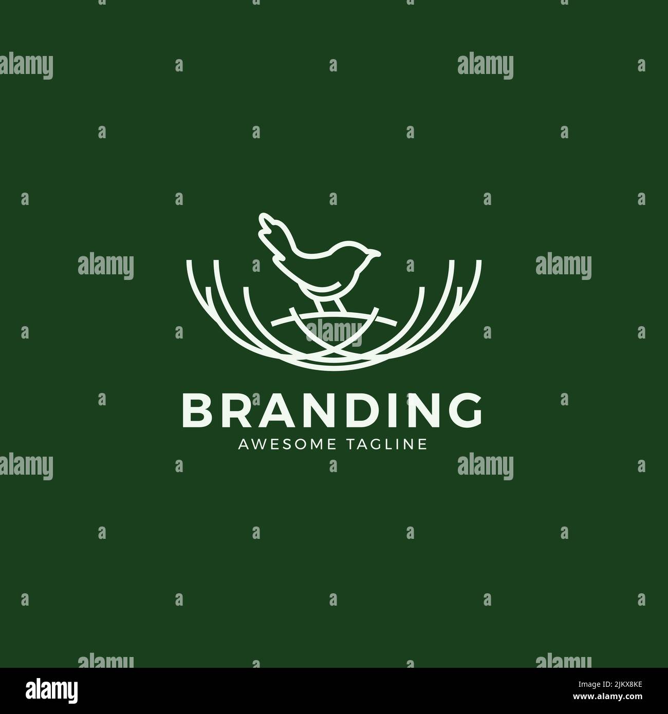Ein Monoline-Logo-Design eines Vogels, der auf einem Nest steht, mit einem bearbeitbaren Text Stock Vektor