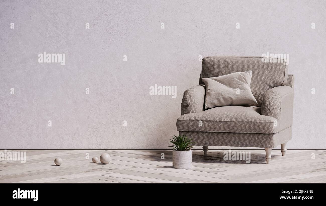 Eine elegante Couch und Zimmerpflanze in einem Topf gegen eine saubere weiße Wand mit Platz für Text Stockfoto
