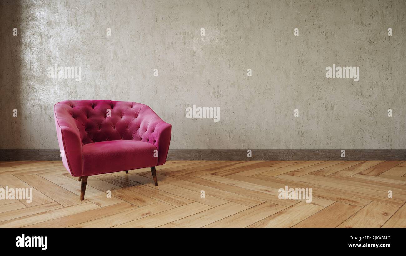 Ein Zimmer mit rotem Sessel auf Parkettboden Stockfoto