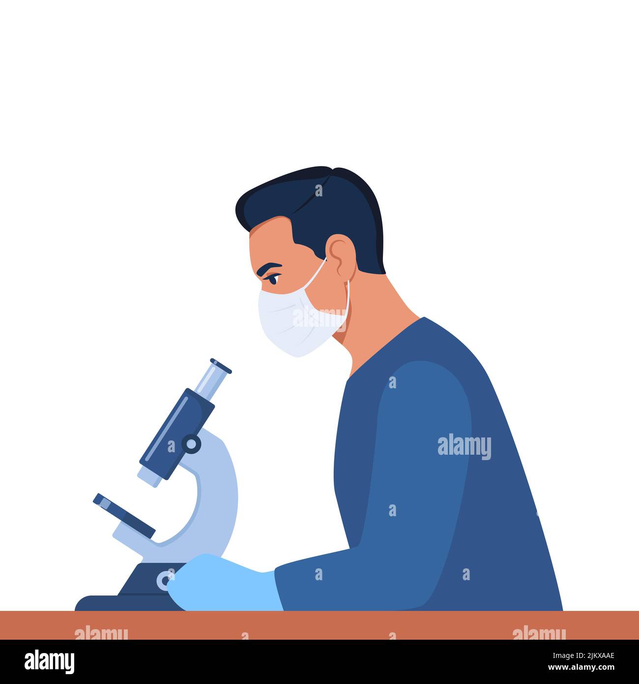 Der Wissenschaftler schaut durch ein Mikroskop. Chemielaborspezialist, der an Forschung und Erforschung arbeitet, sitzt in potectiv am Tisch Stock Vektor
