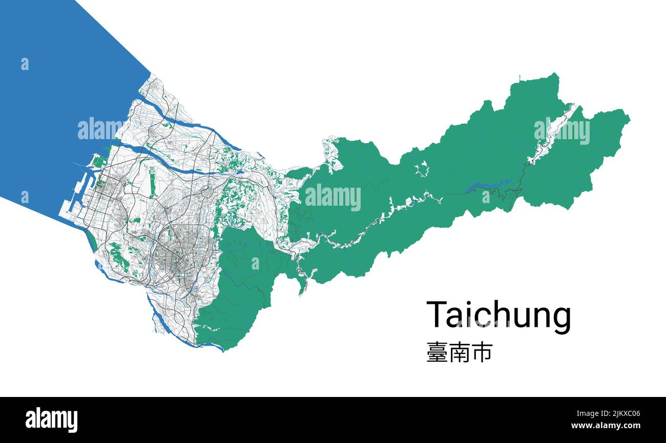 Taichung-Vektorkarte. Detaillierte Karte des Verwaltungsgebiets der Stadt Taichung. Stadtbild-Panorama. Lizenzfreie Vektorgrafik. Straßenkarte mit Autobahnen, Stock Vektor
