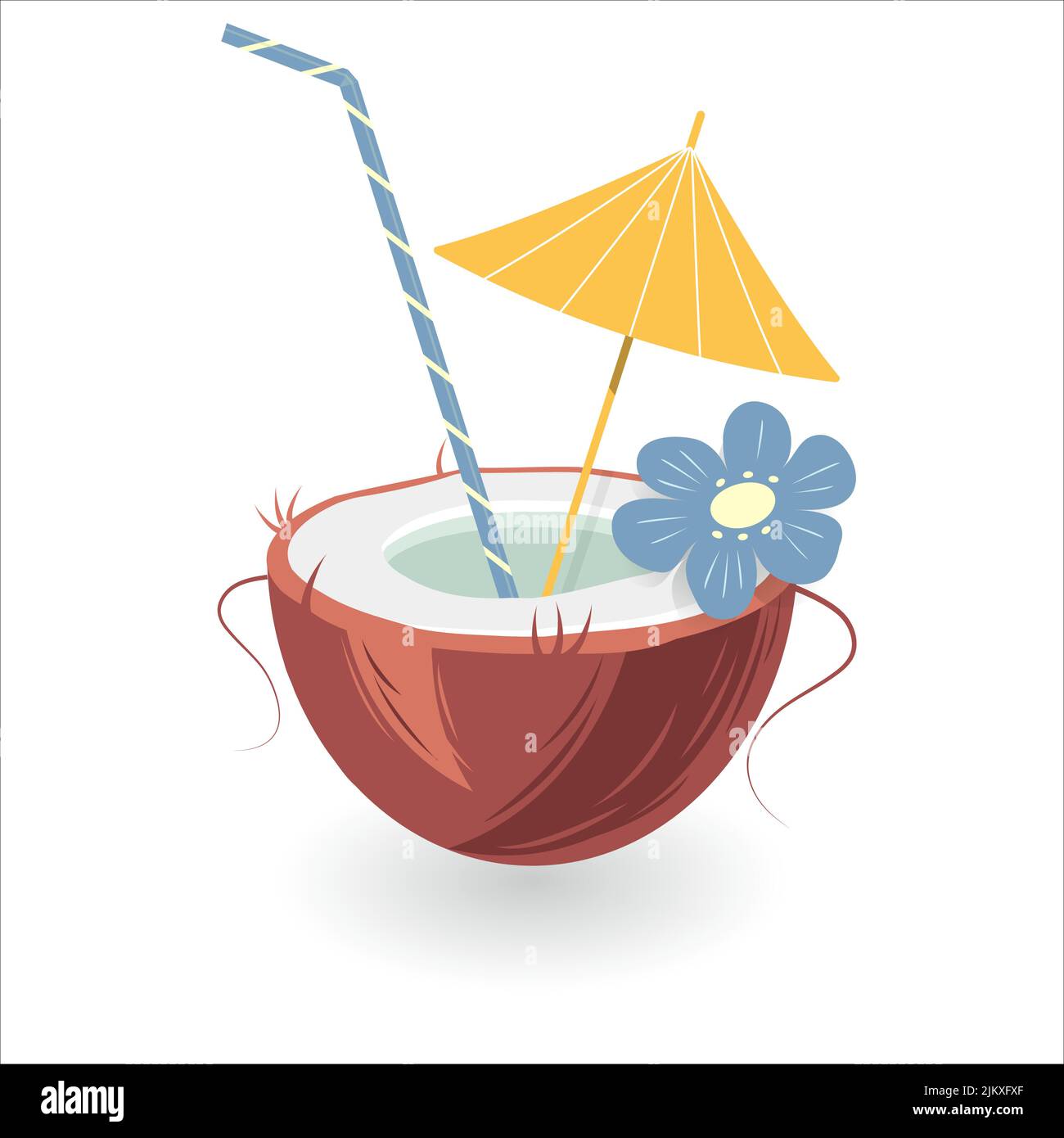 Exotischer Kokosnusscocktail in einer Nussschale mit Regenschirm und Stroh und Blumen in trendigen Farben. Stock Vektor