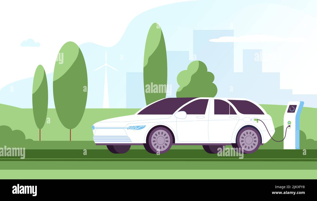 Tanken von Elektroautos. Ladestation Hybrid-Auto oder Auto Strom Kraftstoff, laden mobile Zukunft Transport Elektromotor Elektromobilität Konzept, herrliche Vektor-Illustration Stock Vektor